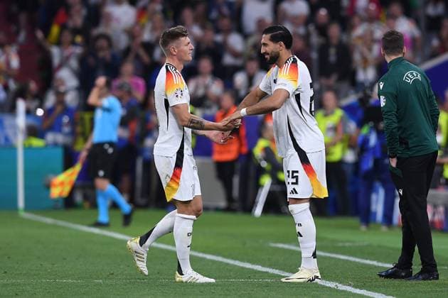Soccer UEFA EURO 2024 group stage 1 match day opening match Germany Scotland on 14 06 2024 at the Munich Football Arena in Munich Toni Kroos Germany , left Emre Can Germany , right xRx