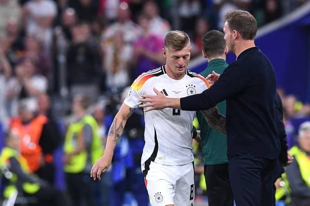 Soccer UEFA EURO 2024 group stage 1 match day opening match Germany Scotland on 14 06 2024 at the Munich Football Arena in Munich Toni Kroos Germany , left Julian Nagelsmann national coach coach Germany , right xRx