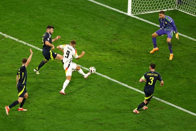 Niclas Füllkrug of Germany scores but it is disallowed Germany v Scotland, UEFA European Championship, EM, Europameisterschaft 2024, Group A, Football, Munich Football Arena, Munich, Germany, 14 Jun 2024 EDITORIAL USE ONLY No use with unauthorised audio, video, data, fixture lists, club league logos or live services. Online in-match use limited to 120 images, no video emulation. No use in betting, games or single club league player publications. Copyright: xKieranxMcManus Shutterstockx 14523770db