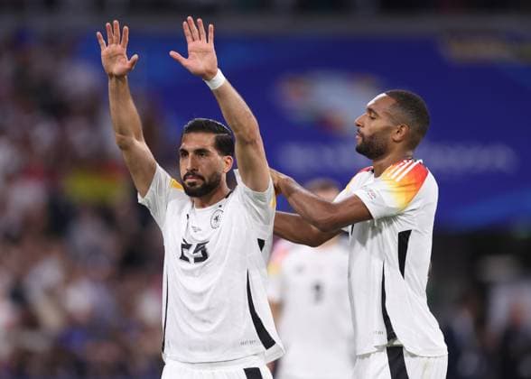 Munich, Germany, 14th June 2024. Emre Can of Germany (l) celebrates scoring their fifth goal during the UEFA European Championships match at Allianz Arena, Munich. Picture credit should read: David Klein Sportimage EDITORIAL USE ONLY. No use with unauthorised audio, video, data, fixture lists, club league logos or live services. Online in-match use limited to 120 images, no video emulation. No use in betting, games or single club league player publications. SPI-3194-0125