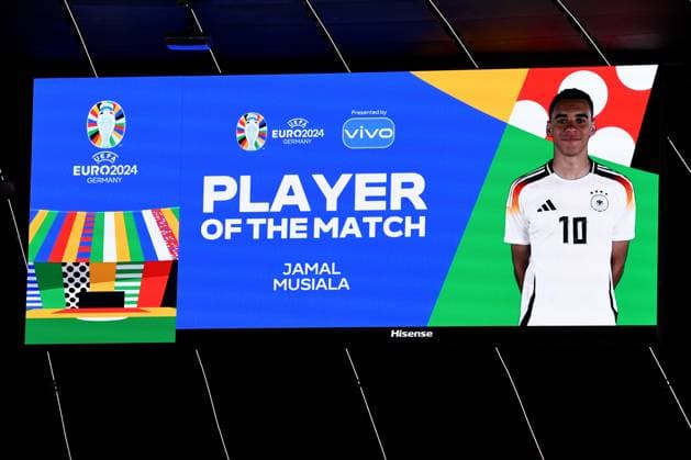 Soccer UEFA EURO 2024 Group stage 1 Matchday Opening match Germany Scotland on 14 06 2024 at Munich Football Arena in Munich Scoreboard Video wall Player of the match Jamal Musiala Germany xRx