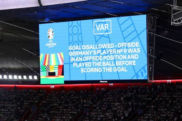 A VAR message on the big screen after the goal of Niclas Füllkrug of Germany is disallowed for offside Germany v Scotland, UEFA European Championship, EM, Europameisterschaft 2024, Group A, Football, Munich Football Arena, Munich, Germany, 14 Jun 2024 EDITORIAL USE ONLY No use with unauthorised audio, video, data, fixture lists, club league logos or live services. Online in-match use limited to 120 images, no video emulation. No use in betting, games or single club league player publications.  Copyright: xKieranxMcManus Shutterstockx 14523770dn