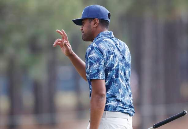 Tony Finau reacts after sinking a birdie putt on the twelfth hole during the second round of the 124th U.S. Open golf championship at Pinehurst Resort & Country Club in Pinehurst, N.C. on Friday, June 14, 2024.  NCP20240614784 JOHNxANGELILLO