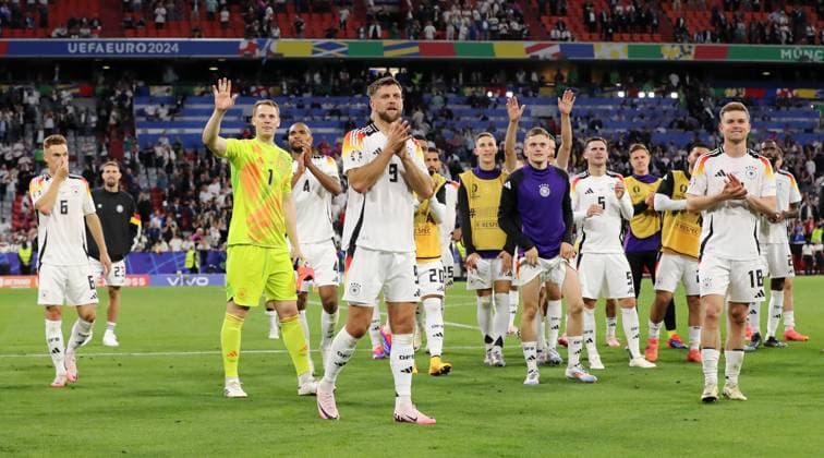 German team celebrates 5 1 victory, goalkeeper Manuel Neuer, Niclas Füllkrug, Florian Wirtz, Maximilian Mittelstädt Sport Football Soccer European Championship Euro 2024 European Championship Men Season 2023 2024 14 06 2024 Germany GER vs Scotland SCO DFL regulations prohibit any use of photographs as image sequences and or quasi video