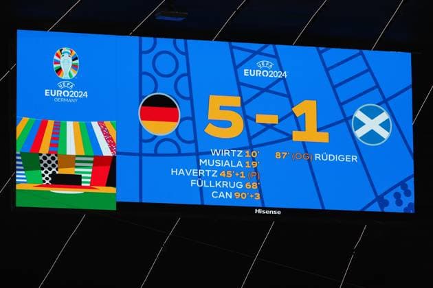 Euro 2024 Germany Scotland on 14 06 2024 at the Allianz Arena in Munich Scoreboard Video screen with the official final score 5 to 1 MH