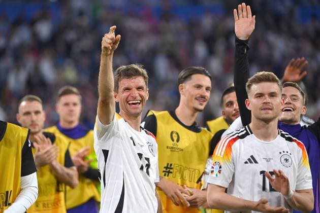 Final cheer Thomas MUELLER GER , re Maximilian MITTELSTAEDT GER , cheering, joy, enthusiasm, action, group stage Group A Germany GER Scotland SCO 5 1 on 14 06 2024 Football Arena Munich, Football UEFA EURO 2024 GERMANY from 14 06 2024 14 07 2024