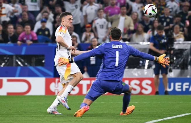 Football, European Championship, EURO 2024, Group A, Allianz Arena Munich Germany Scotland Florian Wirtz GER , Angus Gunn SCO Action