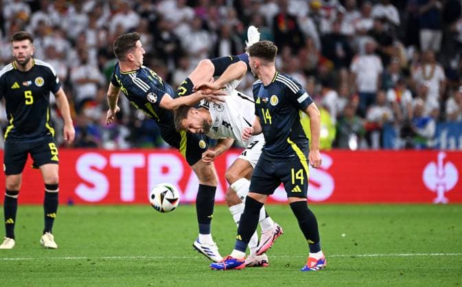 Football, European Championship, EURO 2024, Group A, Allianz Arena Munich Germany Scotland 5 1 Niklas Füllkrug GER , Anthony Ralston SCO Action