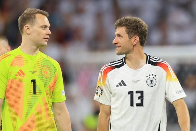 14th June 2024; Munich Football Arena, Munich, Germany; Euro 2024 Group A Football, Germany versus Scotland; Manuel Neuer (GER), Goalkeeper and Thomas Muller (GER) smiling after their 5-1 win  ActionPlus12654432 PierrexTeyssot