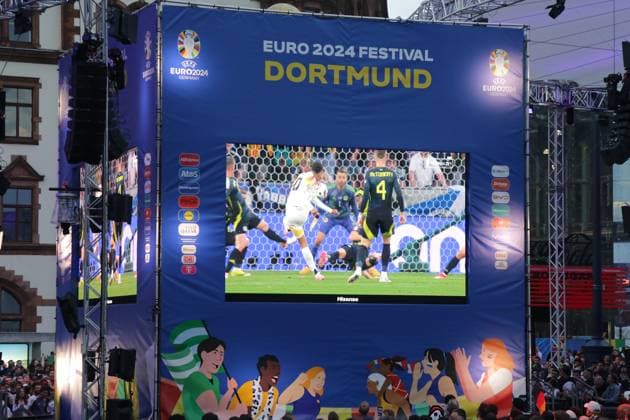 14 06 2024 Dortmund, Fanzone Friedensplatz, broadcast opening match UEFA EURO2024 Germany vs. Scotland, final score 5 1 The goal for 2 0 was scored by Jamal Musiala
