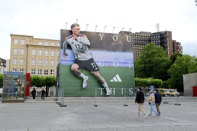 14 06 2024 Dortmund, broadcast of opening match UEFA EURO2024 Germany v Scotland, final score 5 1 A huge advertising banner of goal scorer Florian Wirtz is emblazoned on Hansaplatz