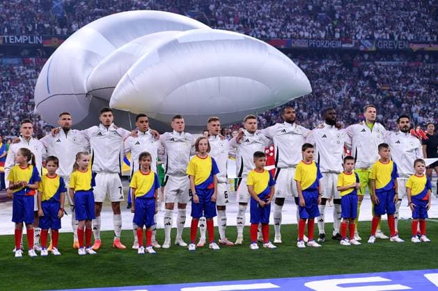 Soccer UEFA EURO 2024 Group Stage 1 Matchday Opening Match Germany Scotland on 14 06 2024 at the Munich Football Arena in Munich V l n r Florian Wirtz Germany , Robert Andrich Germany , Kai Havertz Germany , Jamal Musiala Germany , Toni Kroos Germany , Joshua Kimmich Germany , Maximilian Mittelstädt Germany , Jonathan Tah Germany , Antonio Rüdiger Germany , Manuel Neuer Germany , Ilkay Gündogan Germany Anthem xRx