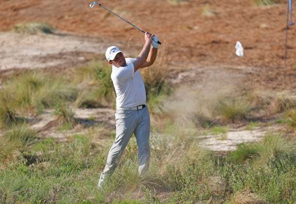 Francesco Molinari of Italy hits out of the rough to the eighth green during the second round of the 124th U.S. Open golf championship at Pinehurst Resort & Country Club in Pinehurst, N.C. on Friday, June 14, 2024.  NCP20240614794 JOHNxANGELILLO