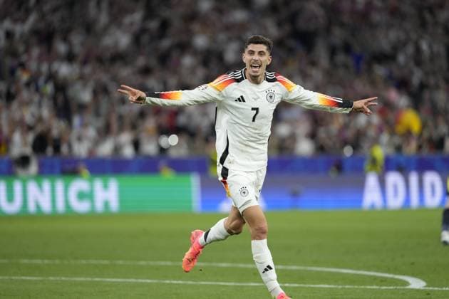 EURO 2024 - Matchday 1: Germany vs. Scotland Kai Havertz scores and celebrates during the EURO 2024 Day 1 opening match between Germany and Scotland on 14 June 2024, at Munich Football Arena, in Munich, Germany Munich Munich Football Arena Germany Copyright: xAlexandraxFechetex _ADR4343
