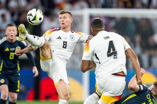 240614 Toni Kroos of Germany during the UEFA Euro 2024 Football Championship match between Germany and Scotland on June 14, 2024 in Munich Photo Mathias Bergeld BILDBYRAN kod MB MB0933 fotboll football soccer fotballs em europamästerskap em uefa euro uefa european football championship euro 2024 tyskland germany scotland bbeng skottland  Copyright: MATHIASxBERGELD BB240614MB208