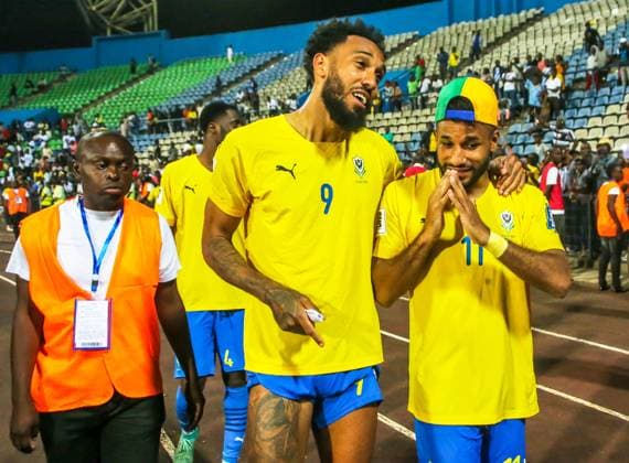 FRANCEVILLE, GABON - JUNE 11: Pierre-Emerick Aubameyang and Jim Allevinah of Gabon during the 2026 FIFA World Cup, WM, Weltmeisterschaft, Fussball Qualifier match between Gabon and Gambia at Stade De Franceville on June 11, 2024 in Franceville, Gabon. Photo by Eto Etu Copyright: xShengolpixsx