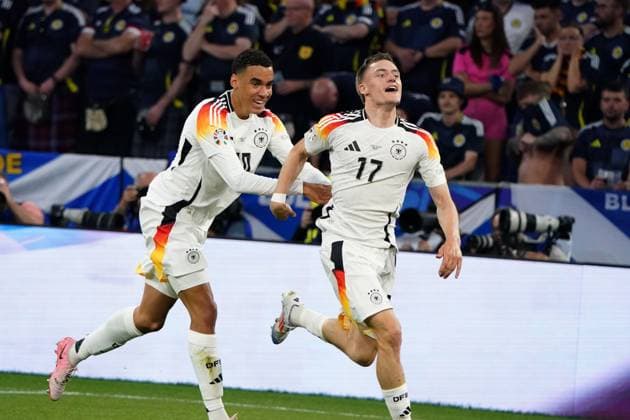 national team, football, UEFA Euro2024, EM 2024,Germany Scotland Allianzarena, Munich Jamal Musiala, florian wirtz both Germany ,goal celebration
