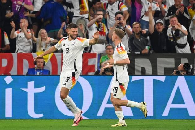 Goal celebration Niclas FUELLKRUG GER after scoring 4 0 with Maximilian MITTELSTAEDT GER , cheering,joy,enthusiasm,action, group stage group A Germany GER Scotland SCO 5 1 on 14 06 2024 Football Arena Munich, Football UEFA EURO 2024 GERMANY from 14 06 2024 14 07 2024