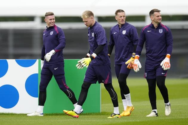 England goalkeepers Dean Henderson of England, Jordan Pickford of England and Aaron Ramsdale of England walk out to train England Training Session and press conference, PK, Pressekonferenz UEFA European Championship, EM, Europameisterschaft 2024, Group C, Football, Spa & Golf Resort Weimarer Land, Blankenhain, Germany, 15 Jun 2024 EDITORIAL USE ONLY No use with unauthorised audio, video, data, fixture lists, club league logos or live services. Online in-match use limited to 120 images, no video emulation. No use in betting, games or single club league player publications.  Copyright: xDavexShopland Shutterstockx 14523791b
