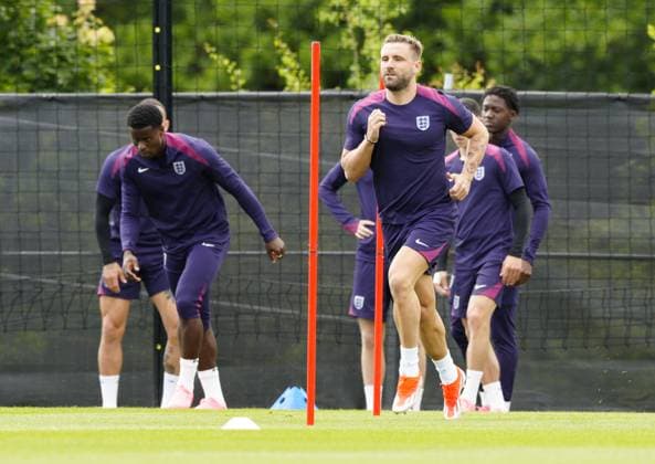 Luke Shaw of England England Training Session and press conference, PK, Pressekonferenz UEFA European Championship, EM, Europameisterschaft 2024, Group C, Football, Spa & Golf Resort Weimarer Land, Blankenhain, Germany, 15 Jun 2024 EDITORIAL USE ONLY No use with unauthorised audio, video, data, fixture lists, club league logos or live services. Online in-match use limited to 120 images, no video emulation. No use in betting, games or single club league player publications.  Copyright: xDavexShopland Shutterstockx 14523791p