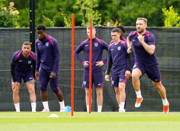 Luke Shaw of England England Training Session and press conference, PK, Pressekonferenz UEFA European Championship, EM, Europameisterschaft 2024, Group C, Football, Spa & Golf Resort Weimarer Land, Blankenhain, Germany, 15 Jun 2024 EDITORIAL USE ONLY No use with unauthorised audio, video, data, fixture lists, club league logos or live services. Online in-match use limited to 120 images, no video emulation. No use in betting, games or single club league player publications.  Copyright: xDavexShopland Shutterstockx 14523791o