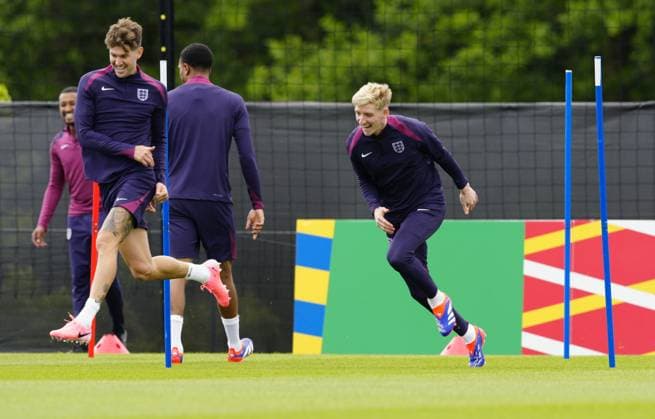 Anthony Gordon of England and John Stones of England England Training Session and press conference, PK, Pressekonferenz UEFA European Championship, EM, Europameisterschaft 2024, Group C, Football, Spa & Golf Resort Weimarer Land, Blankenhain, Germany, 15 Jun 2024 EDITORIAL USE ONLY No use with unauthorised audio, video, data, fixture lists, club league logos or live services. Online in-match use limited to 120 images, no video emulation. No use in betting, games or single club league player publications.  Copyright: xDavexShopland Shutterstockx 14523791r