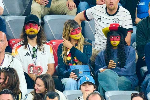 Heidi Klum (GNTM) with husband Tom Kaulitz and four childs Lou (next to her), Johan, Henry and Leni with boyfriend Aris Rachevsky in the group stage match GERMANY - SCOTLAND 5-1 of the UEFA European Championships 2024 on Jun 14, 2024 in Munich, Germany.