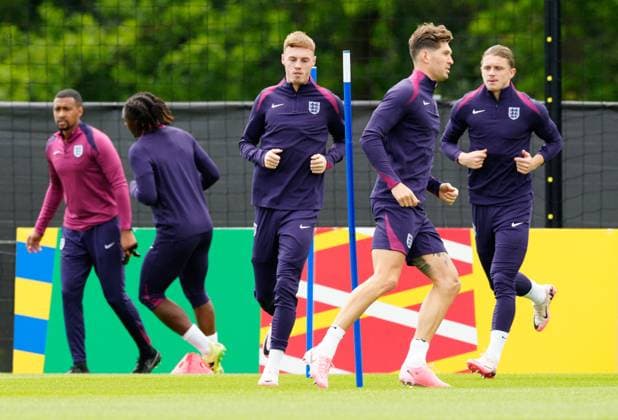Cole Palmer of England and John Stones of England England Training Session and press conference, PK, Pressekonferenz UEFA European Championship, EM, Europameisterschaft 2024, Group C, Football, Spa & Golf Resort Weimarer Land, Blankenhain, Germany, 15 Jun 2024 EDITORIAL USE ONLY No use with unauthorised audio, video, data, fixture lists, club league logos or live services. Online in-match use limited to 120 images, no video emulation. No use in betting, games or single club league player publications.  Copyright: xDavexShopland Shutterstockx 14523791al