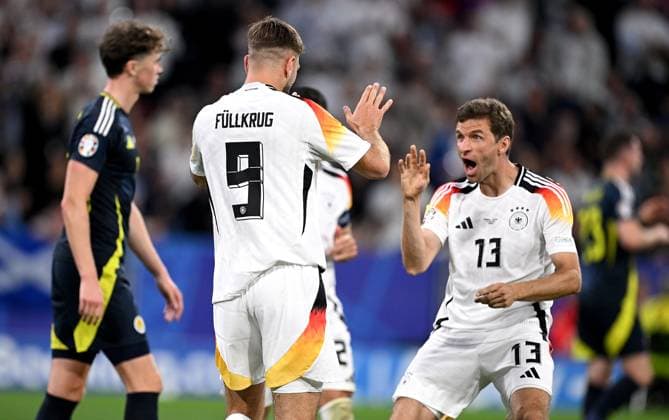 Soccer Euro 2024 opening match Group A 14 06 2024 Germany Scotland Cheering Niclas Fuellkrug left, Germany with Thomas Mueller right, Germany