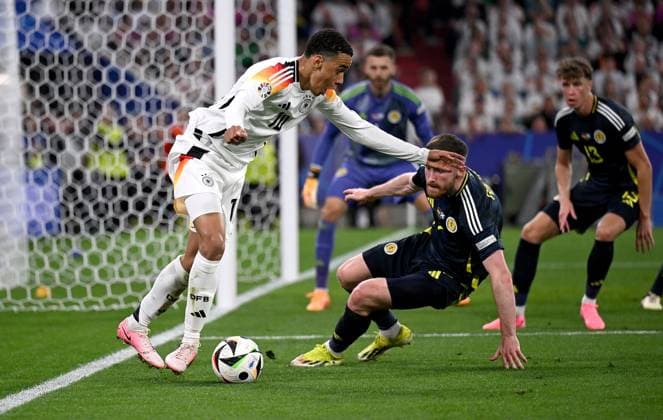 Football Euro 2024 Group A opening match 14 06 2024 Germany Scotland Jamal Musiala left, Germany v Anthony Ralston right, Scotland