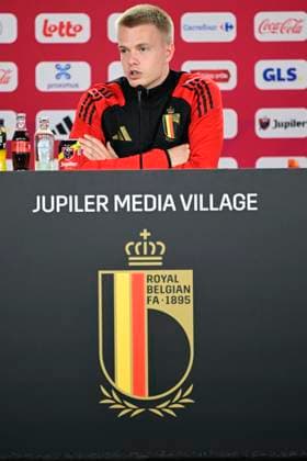 Belgium Media Activities - UEFA EURO, EM, Europameisterschaft,Fussball 2024 15 06 2024 FREIBERG AM NECKA, GERMANY - JUNE 15 : Vermeeren Arthur midfielder of Belgium talking to the press during a press conference, PK, Pressekonferenz of the Belgian Red Devils at the UEFA EURO 2024 European Football Championship tournament on June 15, 2024 in Freiberg am Necka, Germany, 15 06 2024 Freiberg am Necka Germany  Copyright: xPeterxDexVoechtx