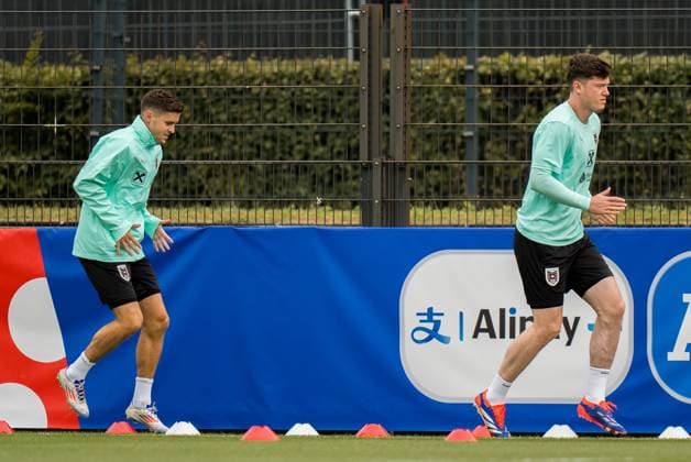 SOCCER - UEFA EURO, EM, Europameisterschaft,Fussball 2024 BERLIN,GERMANY,15.JUN.24 - SOCCER -UEFA EURO 2024, OEFB, Oesterreichischer Fussball-Bund, training. Image shows Christoph Baumgartner and Michael Gregoritsch (AUT).  GEPAxpictures xJohannesxFriedl