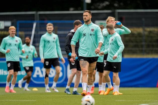 SOCCER - UEFA EURO, EM, Europameisterschaft,Fussball 2024 BERLIN,GERMANY,15.JUN.24 - SOCCER -UEFA EURO 2024, OEFB, Oesterreichischer Fussball-Bund, training. Image shows Marko Arnautovic (AUT) and the team of AUT.  GEPAxpictures xJohannesxFriedl