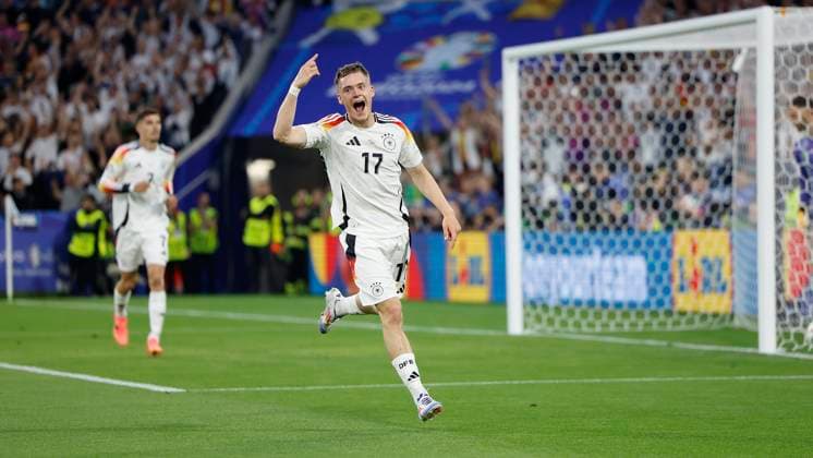 14 06 2024, Football, European Championship, Germany Scotland, GER, Munich, Munich Football Arena, picture from left goal scorer Florian Wirtz Germany, 17 Cheering after the goal for 1 0, cheering, cheering, cheering, cheering, emotions, Cheering after the goal for 1 0, cheering, cheered, cheers, cheering, Copyright: HMBxMedia xHeikoxBecker
