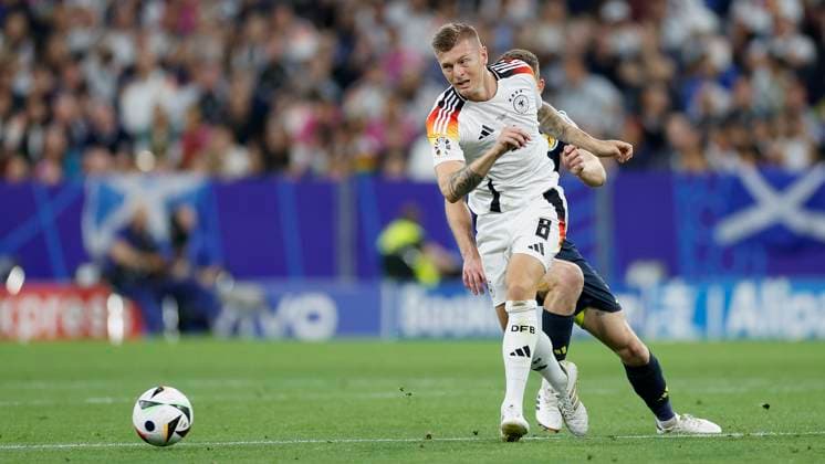 14 06 2024, Football, European Championship, Germany Scotland, GER, Munich, Munich Football Arena, picture from left Ryan Christie Scotland, 11 and Toni Kroos Germany, 8 Copyright: HMBxMedia xHeikoxBecker
