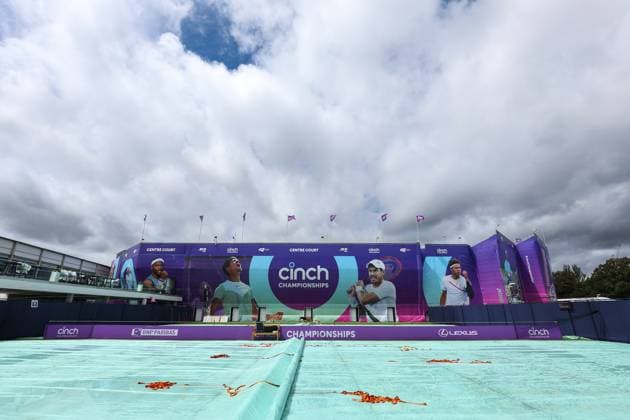 15th June 2024; Cinch Championships, Queens Club, West Kensington, London, England: Cinch Championships Queens Club, Qualifying Day 1; Covers over Court 8 due to rain delay  ActionPlus12654637 JohnxPatrickxFletcher