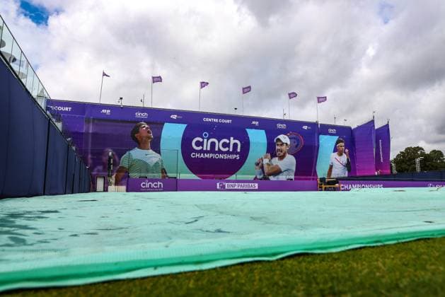 15th June 2024; Cinch Championships, Queens Club, West Kensington, London, England: Cinch Championships Queens Club, Qualifying Day 1; Covers over Court 8 due to rain delay  ActionPlus12654640 JohnxPatrickxFletcher