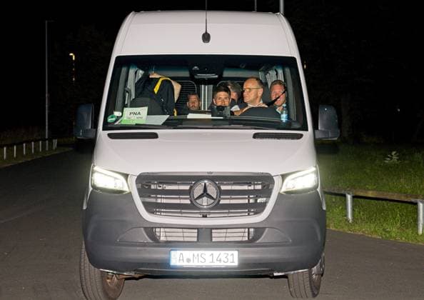 Return of the German national soccer team from Munich after the match against Scotland to the Homeground quarters on the adidas campus in Herzogenaurach on 15 06 2024 National coach Julian Nagelsmann on the right behind driver and coaching team Benjamin Glück in the middle arrives at 2 16 hrs Return of the German national soccer team to Herzogenaurach on 15 06 2024