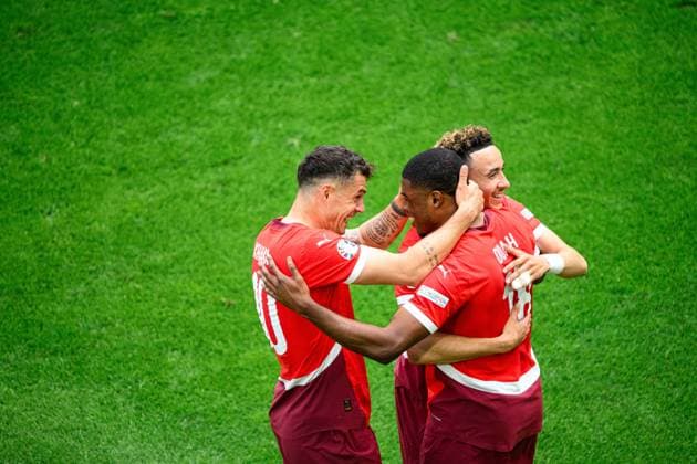 COLOGNE, GERMANY - 15 JUNE, 2024: Granit Xhaka, Kwadwo Duah, The football match of EURO 2024 Hungary vs. Switzerland at Rhein Energie Stadion  Copyright: xVITALIIxKLIUIEVx