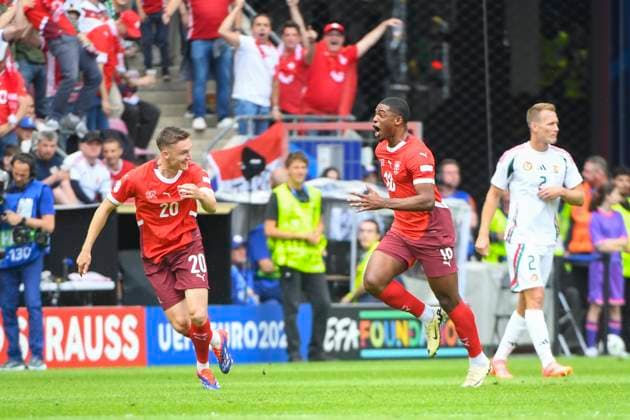 COLOGNE, GERMANY JUNE 15 Kwadwo Duah of Switzerland R celebrates his goal during the UEFA EURO 2024 group stage match between Hungary and Switzerland at Cologne Stadium on June 15, 2024 in Cologne, Germany Cologne Cologne Stadium North Rhine Westphalia Germany Copyright: xJustPictures.ch ManuelxWinterbergerx jp-en-EuSpIm-MWI_7653