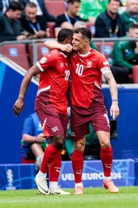 UEFA EURO 2024 Hungary Switzerland 14 06 2024 Cheers for 0 1 by Kwadwo Duah Switzerland, 18 Granit Xhaka Switzerland, 10 hugs him UEFA EURO 2024 Hungary Switzerland Cologne Stadium, Cologne on 15 06 2024 Copyright: xBEAUTIFULxSPORTS Wunderlx