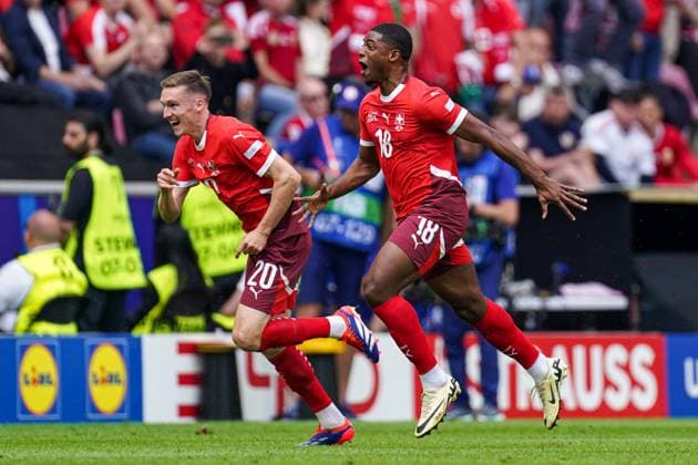 2024-06-15 Hungary v Switzerland - Group A - UEFA EURO, EM, Europameisterschaft,Fussball 2024 COLOGNE, GERMANY - JUNE 15: Kwadwo Duah of Switzerland celebrates the first goal during the Group A - UEFA EURO 2024 match between Hungary and Switzerland at Cologne Stadium on June 15, 2024 in Cologne, Germany. (Photo by Joris Verwijst BSR Agency) Cologne Germany Content not available for redistribution in The Netherlands directly or indirectly through any third parties. Copyright: xBSRxAgencyx