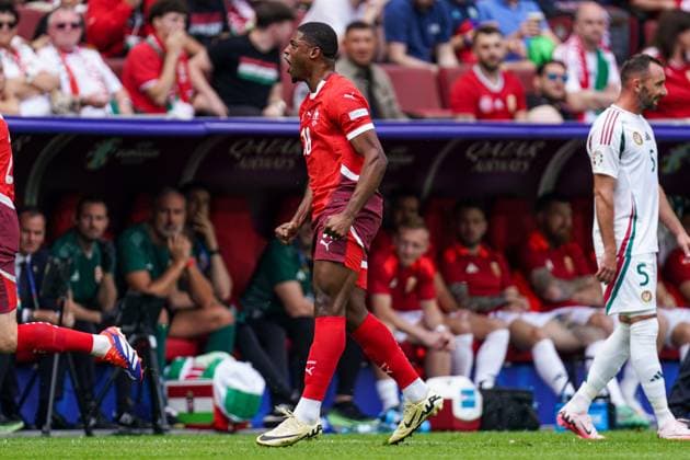 2024-06-15 Hungary v Switzerland - Group A - UEFA EURO, EM, Europameisterschaft,Fussball 2024 COLOGNE, GERMANY - JUNE 15: Kwadwo Duah of Switzerland celebrates the first goal during the Group A - UEFA EURO 2024 match between Hungary and Switzerland at Cologne Stadium on June 15, 2024 in Cologne, Germany. (Photo by Joris Verwijst BSR Agency) Cologne Germany Content not available for redistribution in The Netherlands directly or indirectly through any third parties. Copyright: xBSRxAgencyx