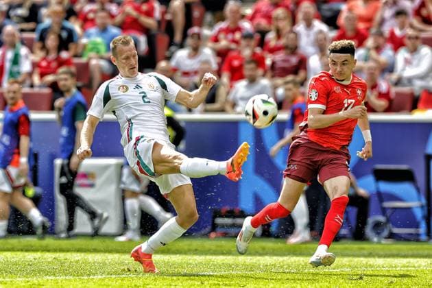 COLOGNE, RheinEnergie Stadium, 15-06-2024 , European Football Championship Euro2024, Group stage match no.2 between Hungary and Switzerland. Hungary player Adam Lang and Switzerland player Ruben Vargas Hungary - Switzerland (Euro2024)  x25494791x Copyright: