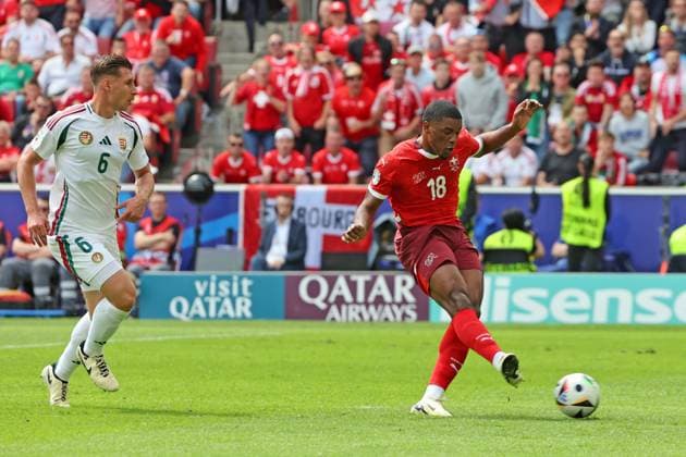 Goal to 0 1 by scorer Kwadro Amdouni Switzerland, No. 18 , decision after video evidence due to presumed offside, goal, preliminary round match M02, HUN SUI, , European Football Championship, Hungary vs Switzerland, European Football Championship, Hungary vs Swiss, Cologne, Cologne, 15 06 2024,