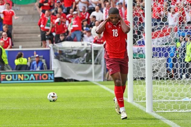 Goal to 0 1 by scorer Kwadro Amdouni Switzerland, No. 18 , decision after video evidence due to presumed offside, goal, restrained goal celebration, preliminary round match M02, HUN SUI, , European Football Championship, Hungary vs Switzerland, European Football Championship, Hungary vs Swiss, Cologne, Cologne, 15 06 2024,