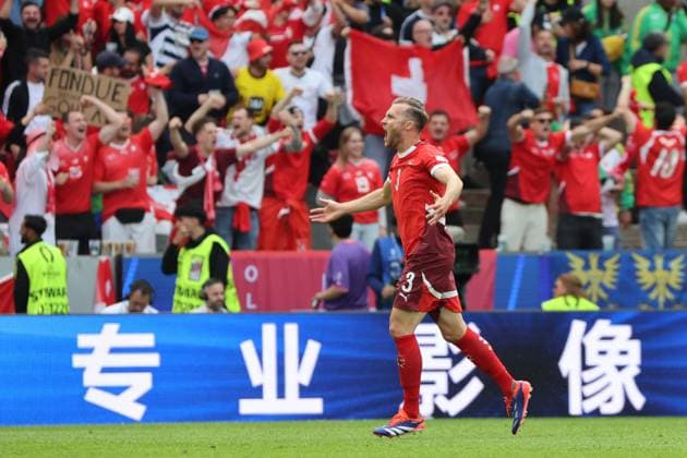 Goal celebration for 0 1 by Silvan Widmer Switzerland, No 3 preliminary round match M02, HUN SUI, , European Football Championship, Hungary vs Switzerland, European Football Championship, Hungary vs Swiss, Cologne, Cologne, 15 06 2024,