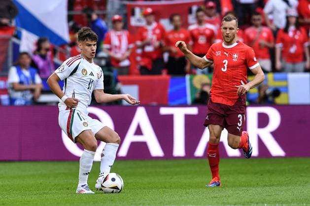 Soccer UEFA EURO 2024 group stage 1 matchday Hungary Switzerland on 15 06 2024 at Köln Stadion in Cologne Milos Kerkez Hungary , left Silvan Widmer Switzerland , right xRx