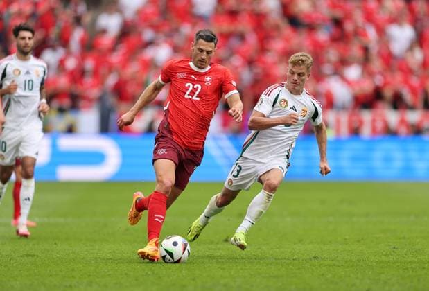 15 06 2024, European Football Championship, UEFA EURO 2024, Hungary Switzerland, Group A, Cologne Stadium, f l , Fabian Schär Switzerland , Andras Schäfer Hungary Copyright: HMBxMedia