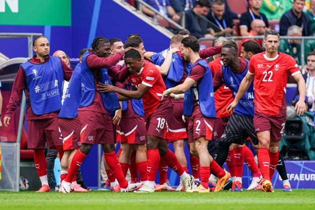 2024-06-15 Hungary v Switzerland - Group A - UEFA EURO, EM, Europameisterschaft,Fussball 2024 COLOGNE, GERMANY - JUNE 15: Kwadwo Duah of Switzerland celebrates the first goal with his team during the Group A - UEFA EURO 2024 match between Hungary and Switzerland at Cologne Stadium on June 15, 2024 in Cologne, Germany. (Photo by Joris Verwijst BSR Agency) Cologne Germany Content not available for redistribution in The Netherlands directly or indirectly through any third parties. Copyright: xBSRxAgencyx